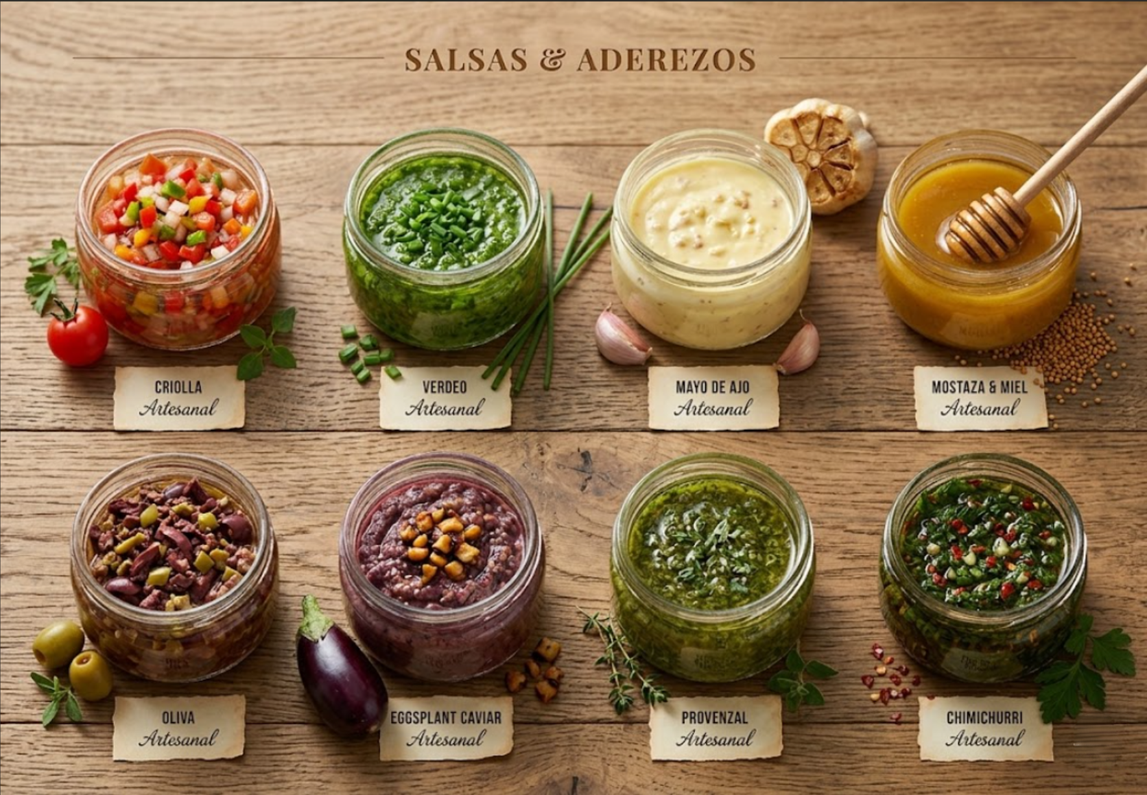 Salsas Pernil Gourmet — criolla, verdeo, mayo de ajo, chimichurri y más